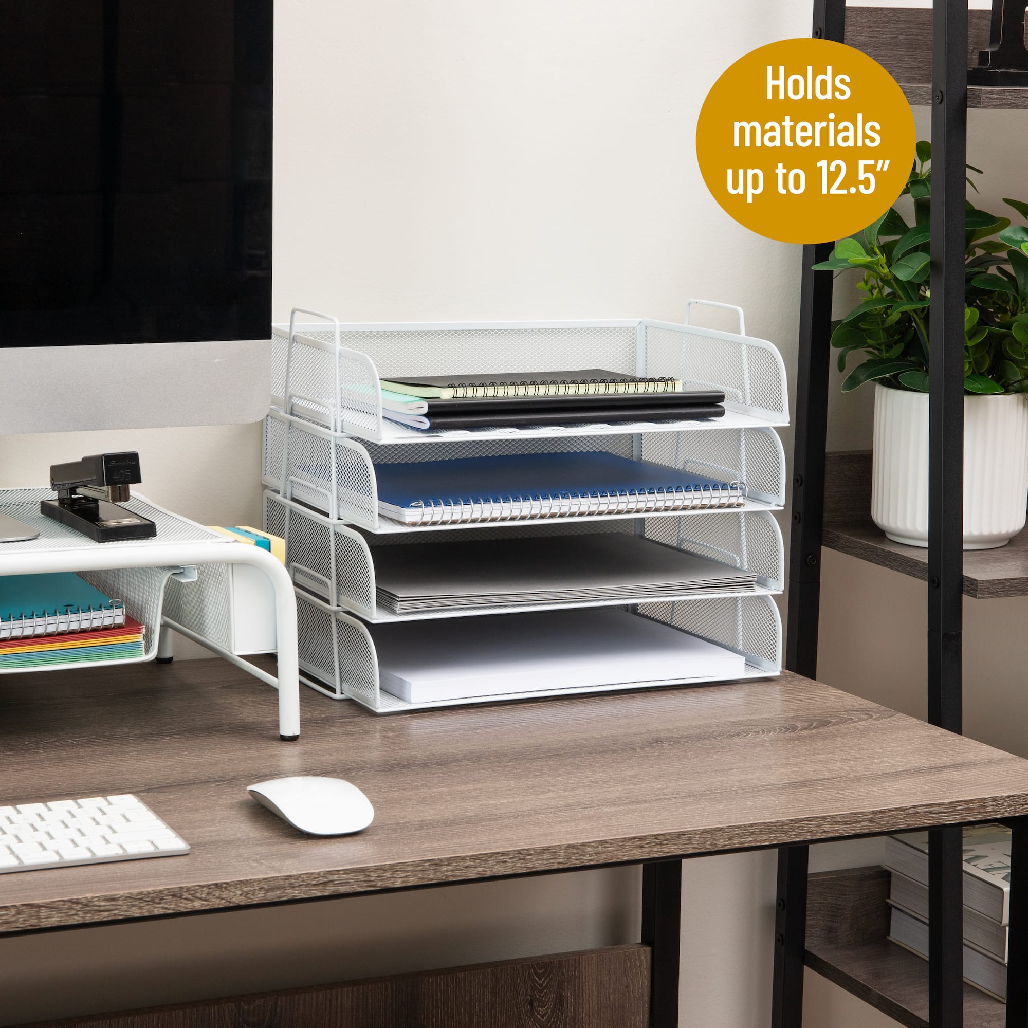 Mind Reader Stackable Paper Tray, Desktop Organizer, File Storage, Office, Metal Mesh, 13.25"L x 9.75"W x 11.5"H, 4 Pcs., White